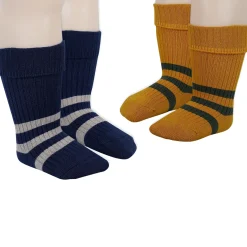 Baby Moo Striped Anti-Skid Socks Pack of 2 - Mustard, Blue