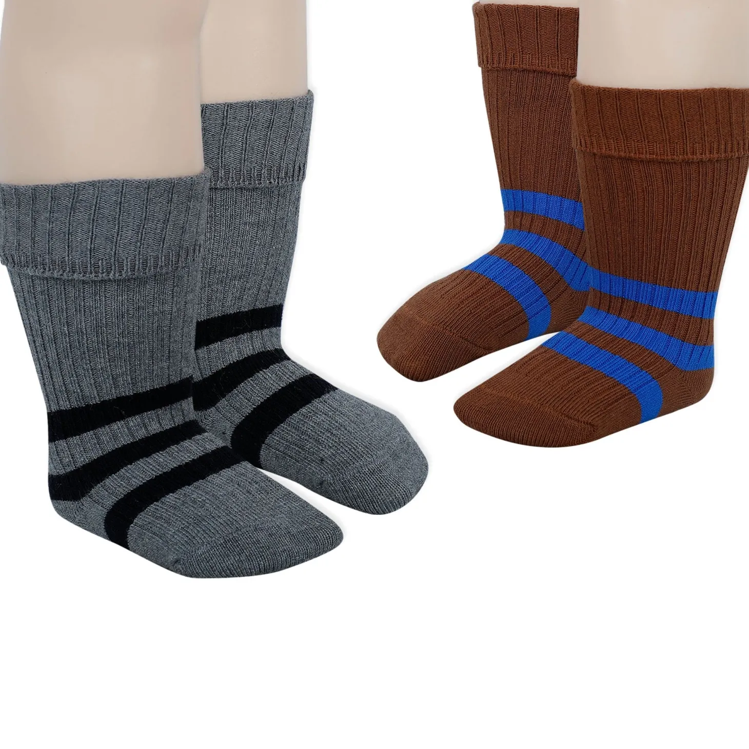 Baby Moo Striped Anti-Skid Socks Pack of 2 - Brown, Grey