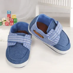 Baby Moo Striped Blue Velcro Booties