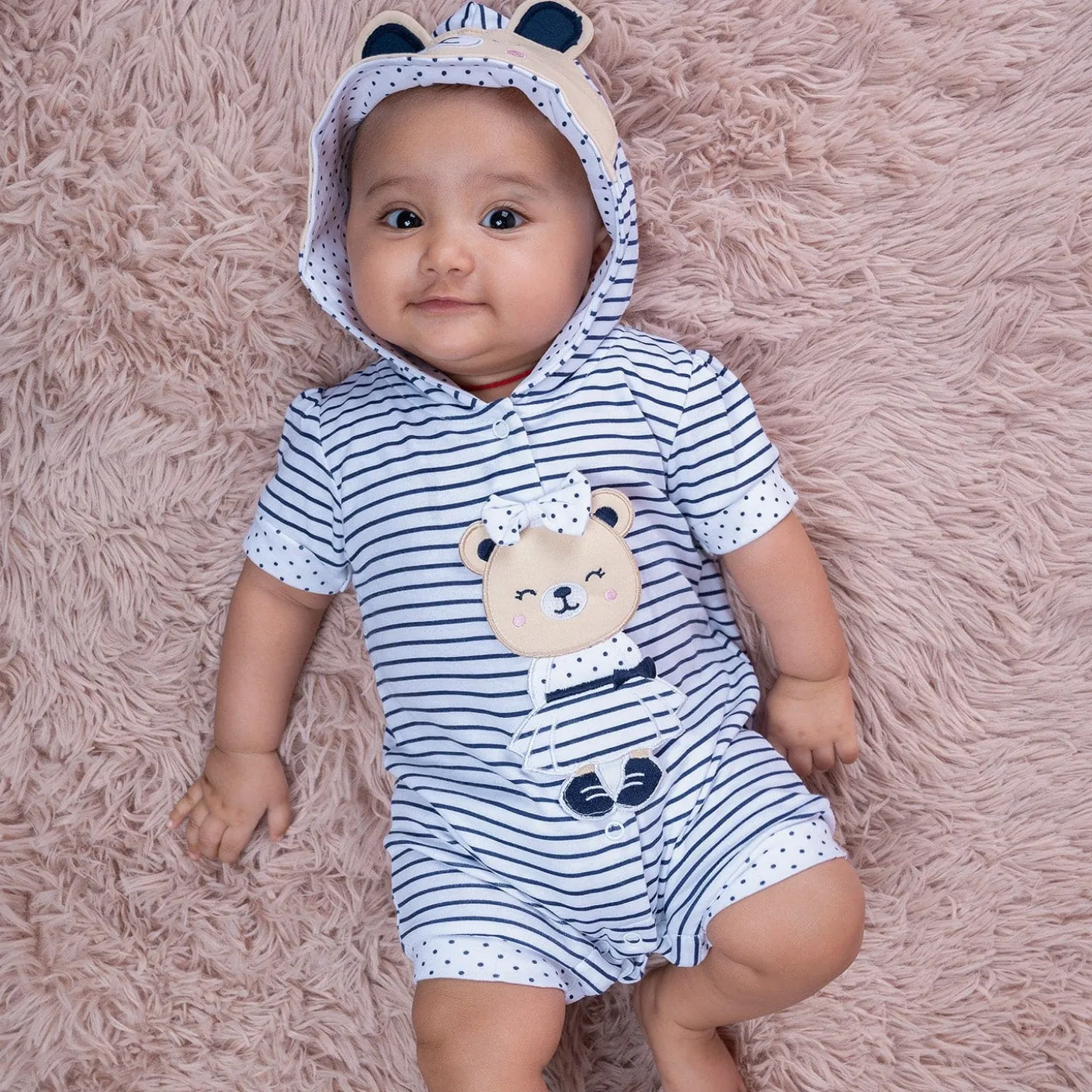 Baby Moo Striped Blushing Bear Hooded Short Romper - Grey