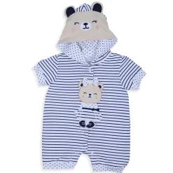 Baby Moo Striped Blushing Bear Hooded Short Romper - Grey
