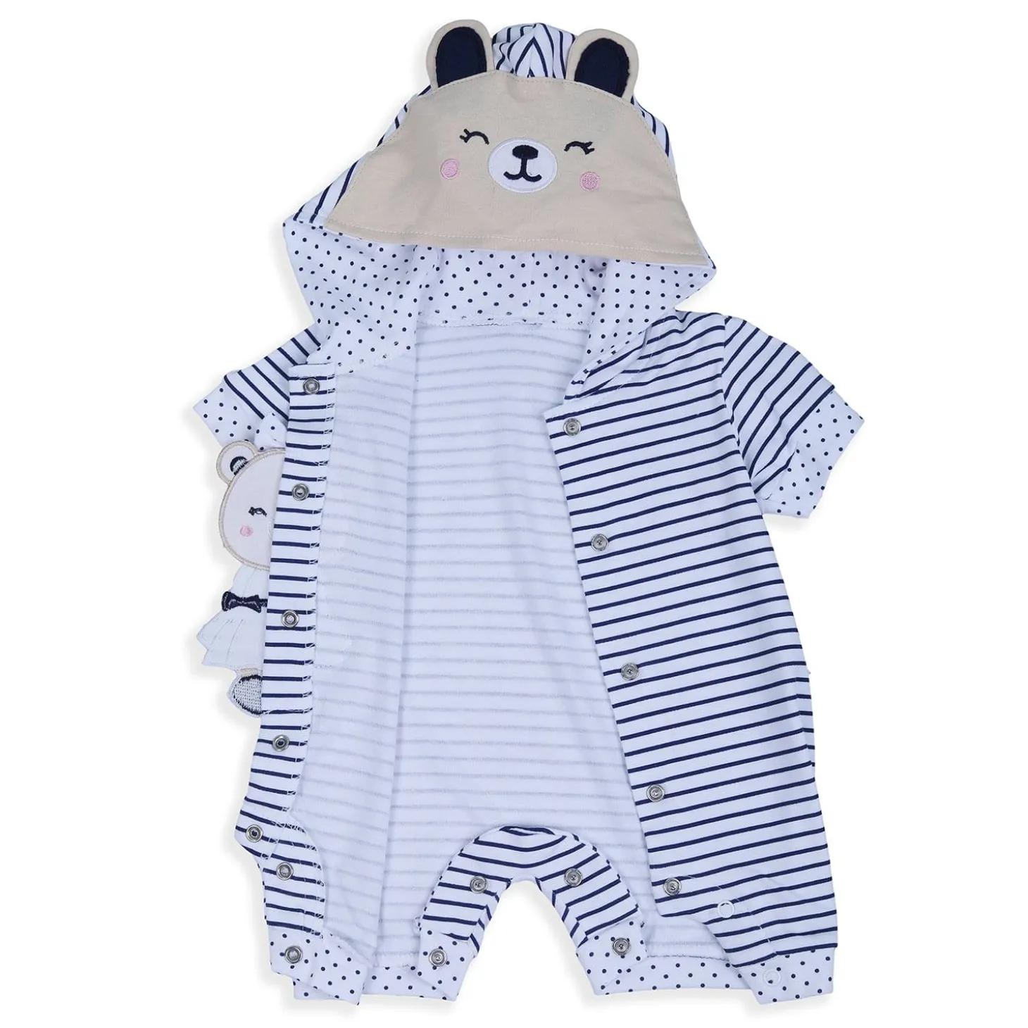 Baby Moo Striped Blushing Bear Hooded Short Romper - Grey