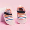 Baby Moo Striped Handmade Pom Pom Trim Velcro Straps Anti-Skid Booties - Peach, White