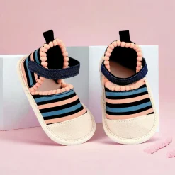 Baby Moo Striped Handmade Pom Pom Trim Velcro Straps Anti-Skid Sandals - Peach, Black