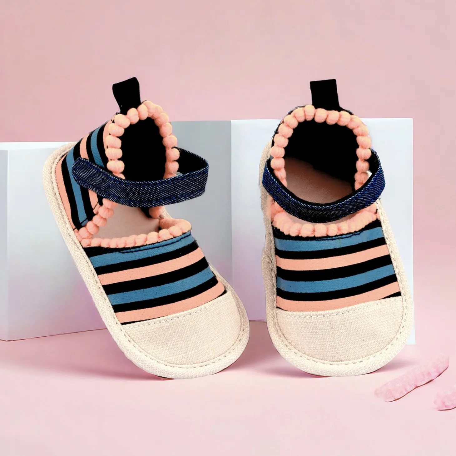 Baby Moo Striped Handmade Pom Pom Trim Velcro Straps Anti-Skid Sandals - Peach, Black