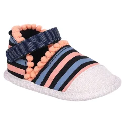 Baby Moo Striped Handmade Pom Pom Trim Velcro Straps Anti-Skid Sandals - Peach, Black