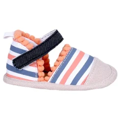 Baby Moo Striped Handmade Pom Pom Trim Velcro Straps Anti-Skid Booties - Peach, White