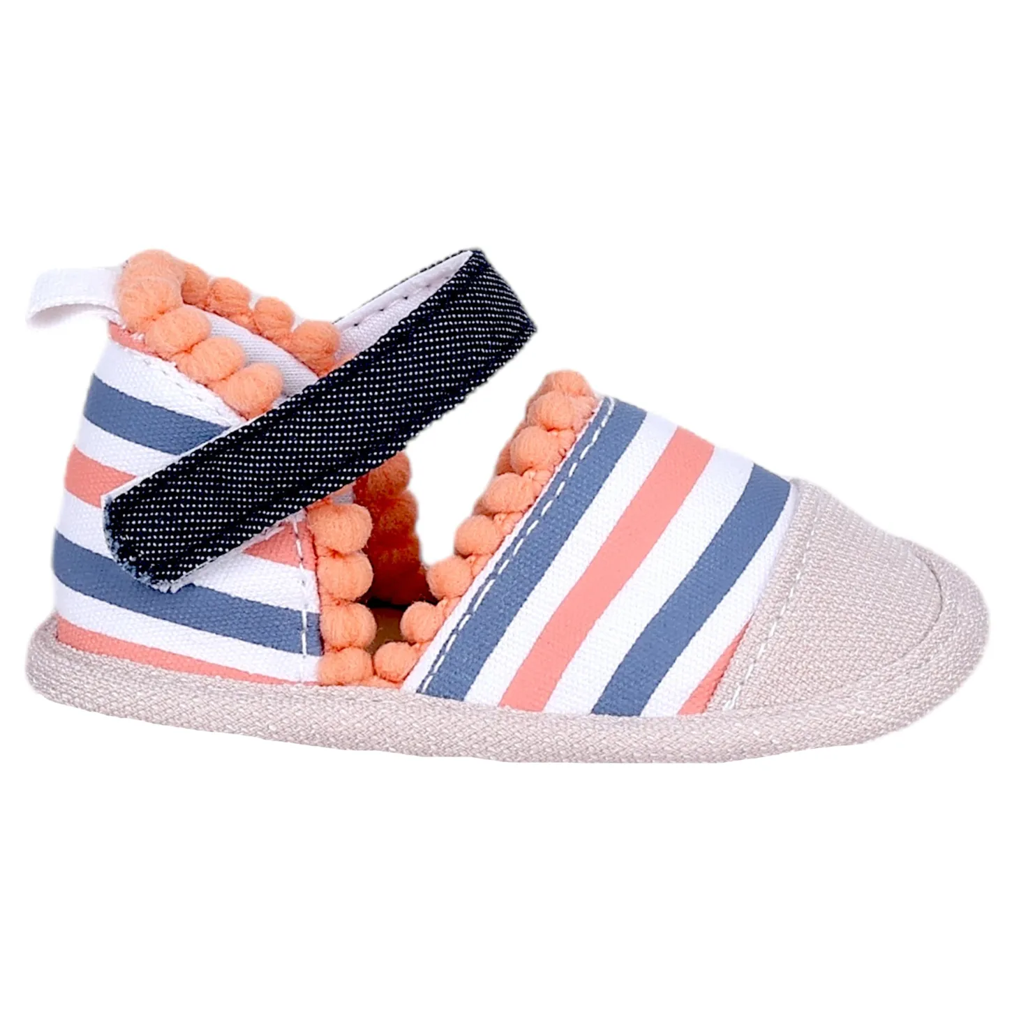 Baby Moo Striped Handmade Pom Pom Trim Velcro Straps Anti-Skid Booties - Peach, White