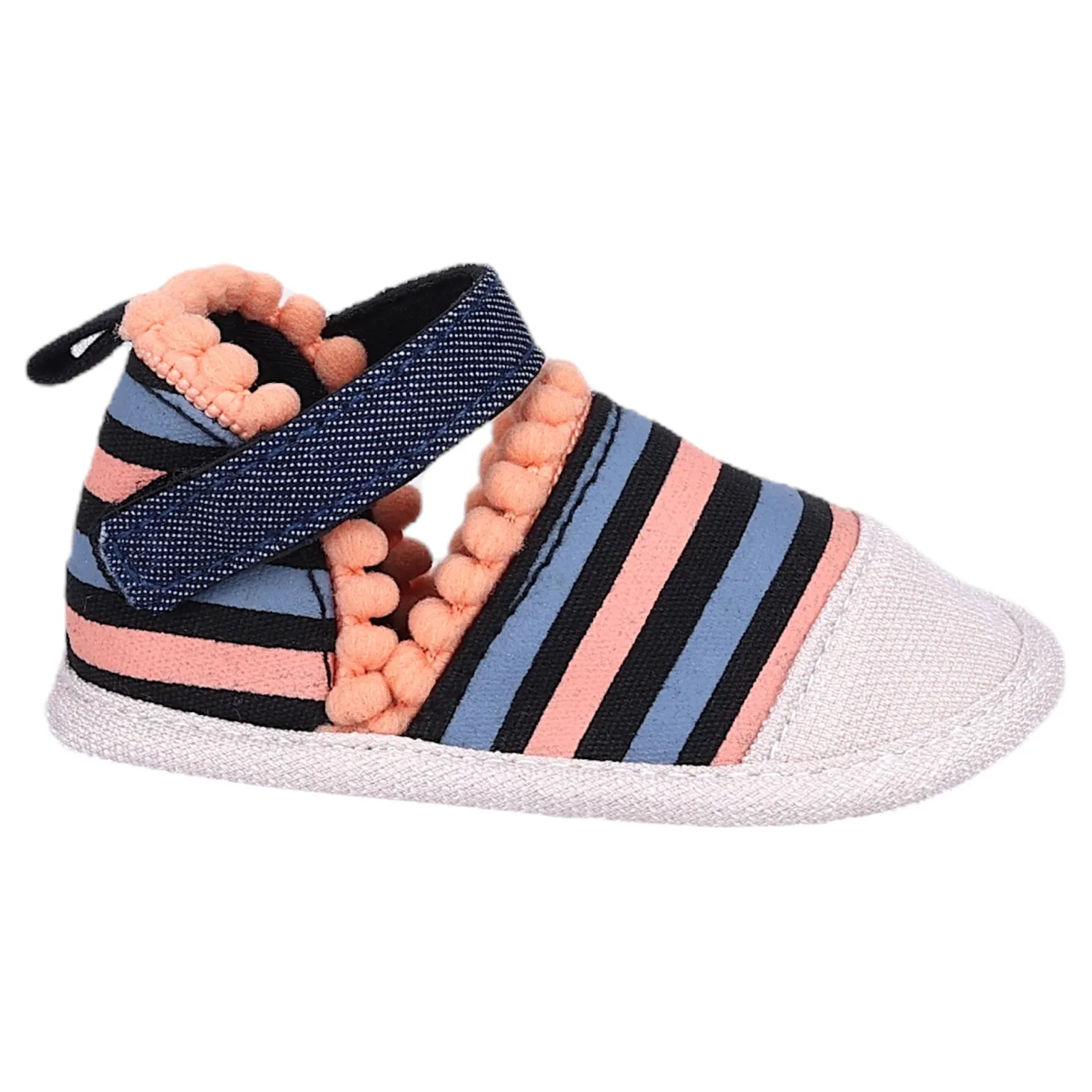 Baby Moo Striped Handmade Pom Pom Trim Velcro Straps Anti-Skid Sandals - Peach, Black