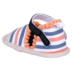 Baby Moo Striped Handmade Pom Pom Trim Velcro Straps Anti-Skid Booties - Peach, White