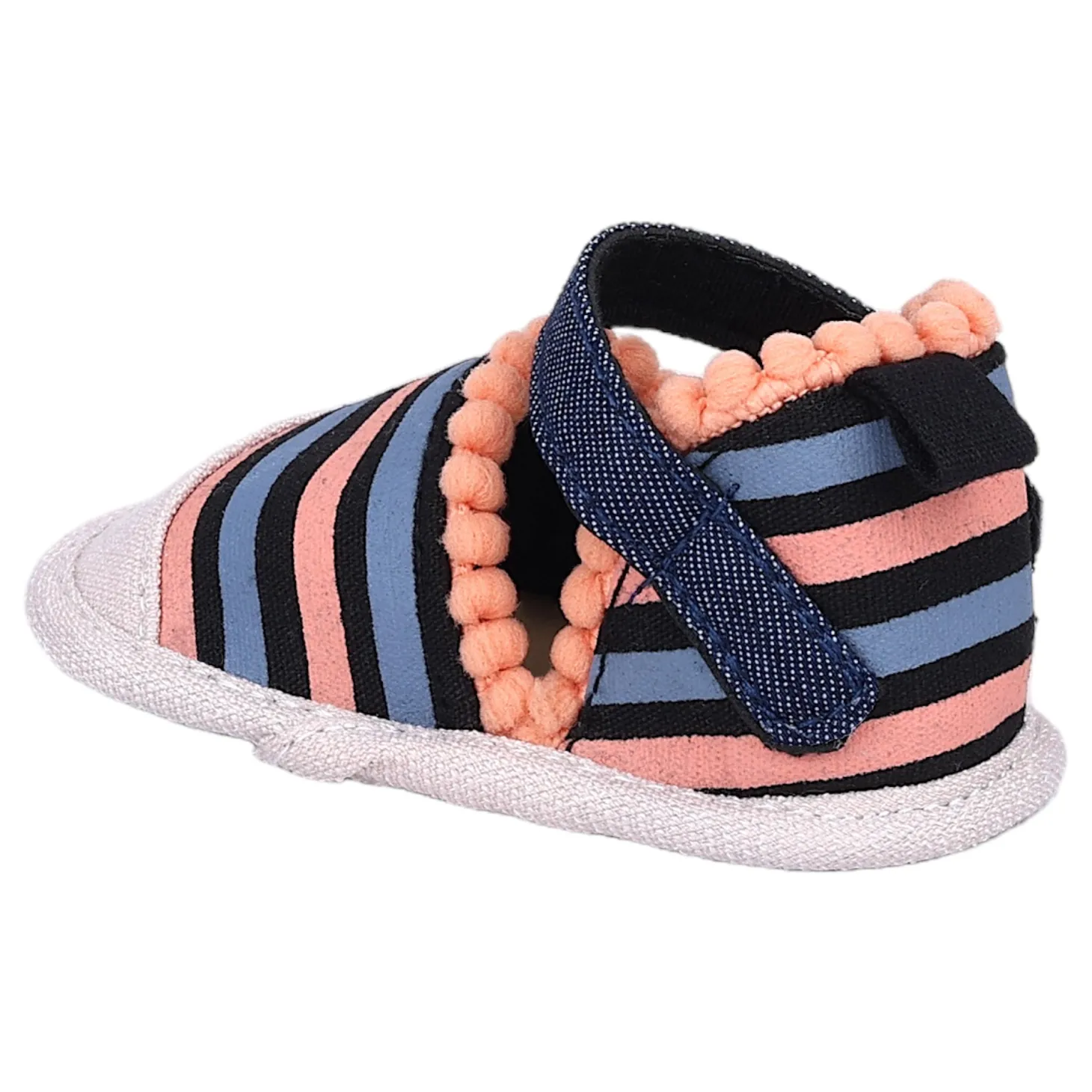Baby Moo Striped Handmade Pom Pom Trim Velcro Straps Anti-Skid Sandals - Peach, Black