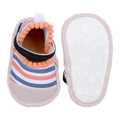 Baby Moo Striped Handmade Pom Pom Trim Velcro Straps Anti-Skid Booties - Peach, White