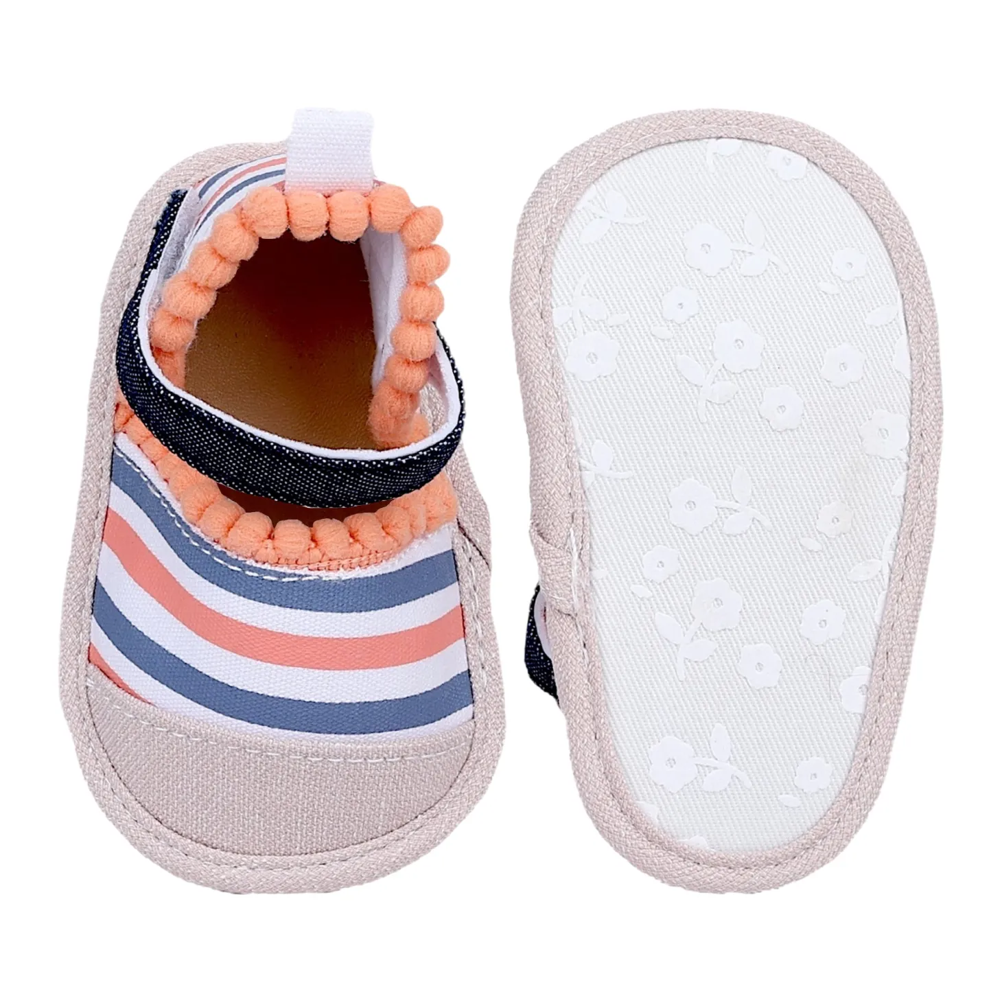 Baby Moo Striped Handmade Pom Pom Trim Velcro Straps Anti-Skid Booties - Peach, White