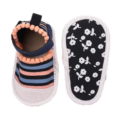 Baby Moo Striped Handmade Pom Pom Trim Velcro Straps Anti-Skid Sandals - Peach, Black
