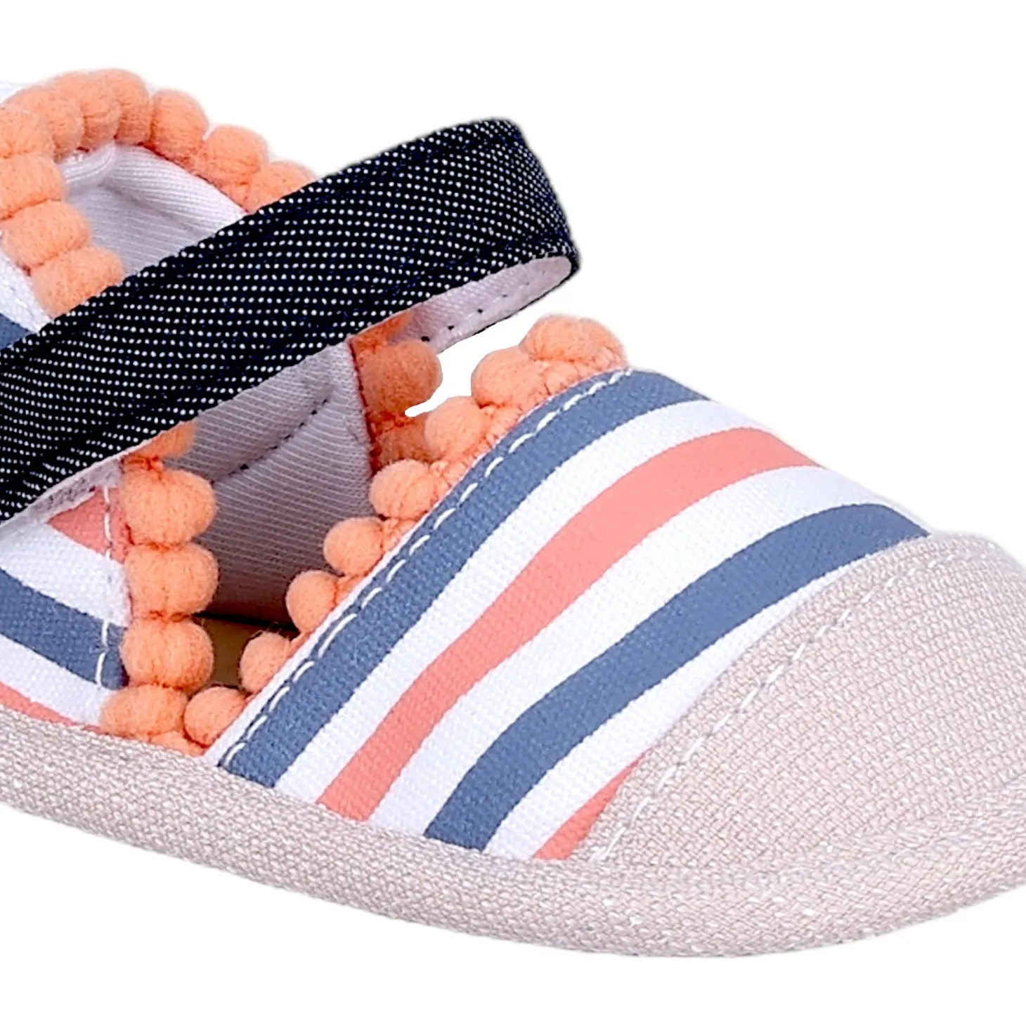 Baby Moo Striped Handmade Pom Pom Trim Velcro Straps Anti-Skid Booties - Peach, White
