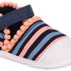 Baby Moo Striped Handmade Pom Pom Trim Velcro Straps Anti-Skid Sandals - Peach, Black
