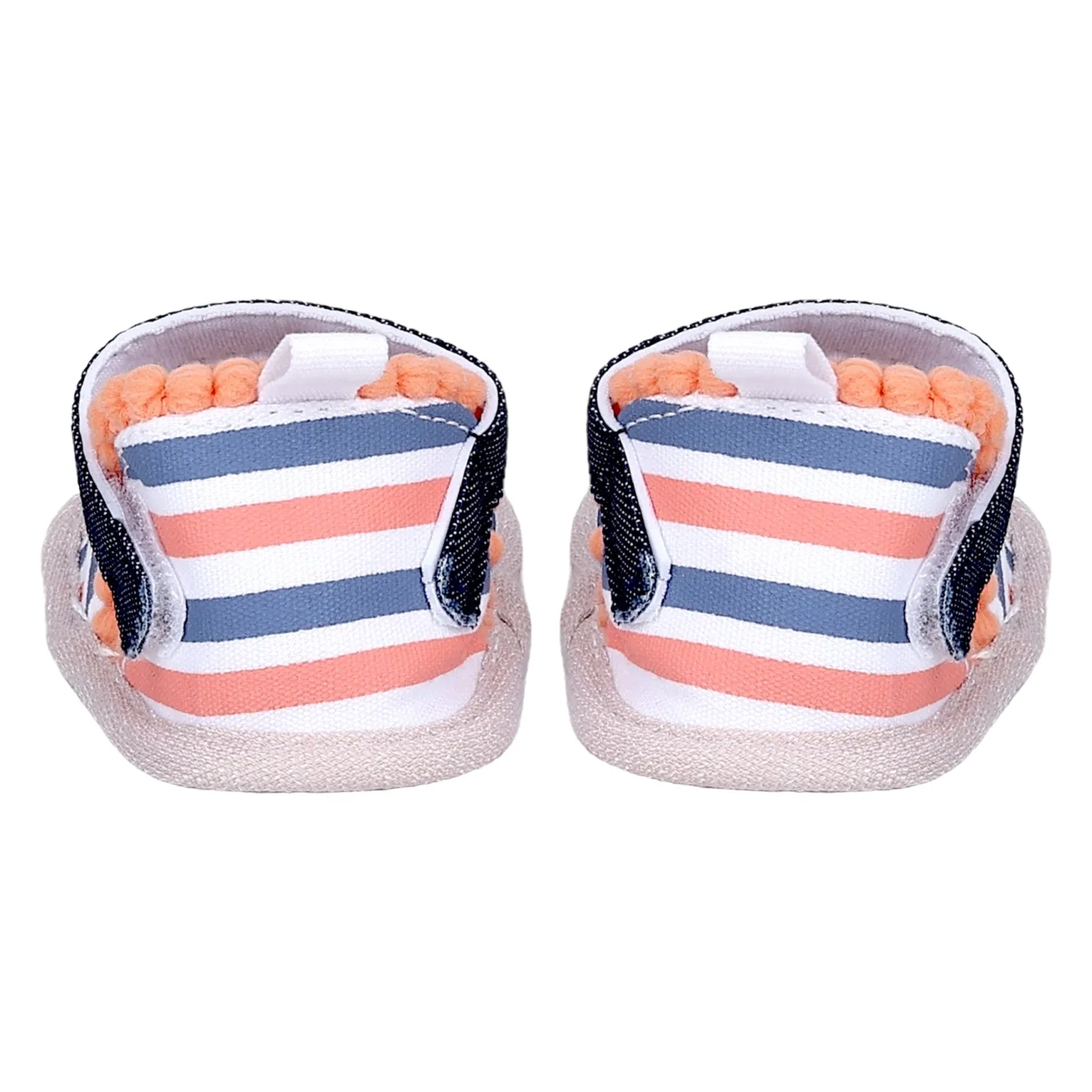 Baby Moo Striped Handmade Pom Pom Trim Velcro Straps Anti-Skid Booties - Peach, White