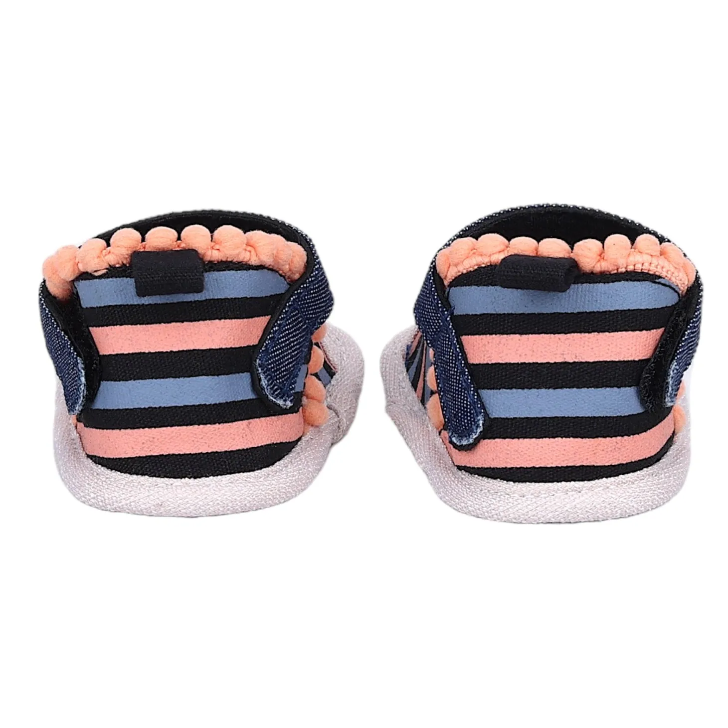 Baby Moo Striped Handmade Pom Pom Trim Velcro Straps Anti-Skid Sandals - Peach, Black