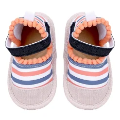 Baby Moo Striped Handmade Pom Pom Trim Velcro Straps Anti-Skid Booties - Peach, White