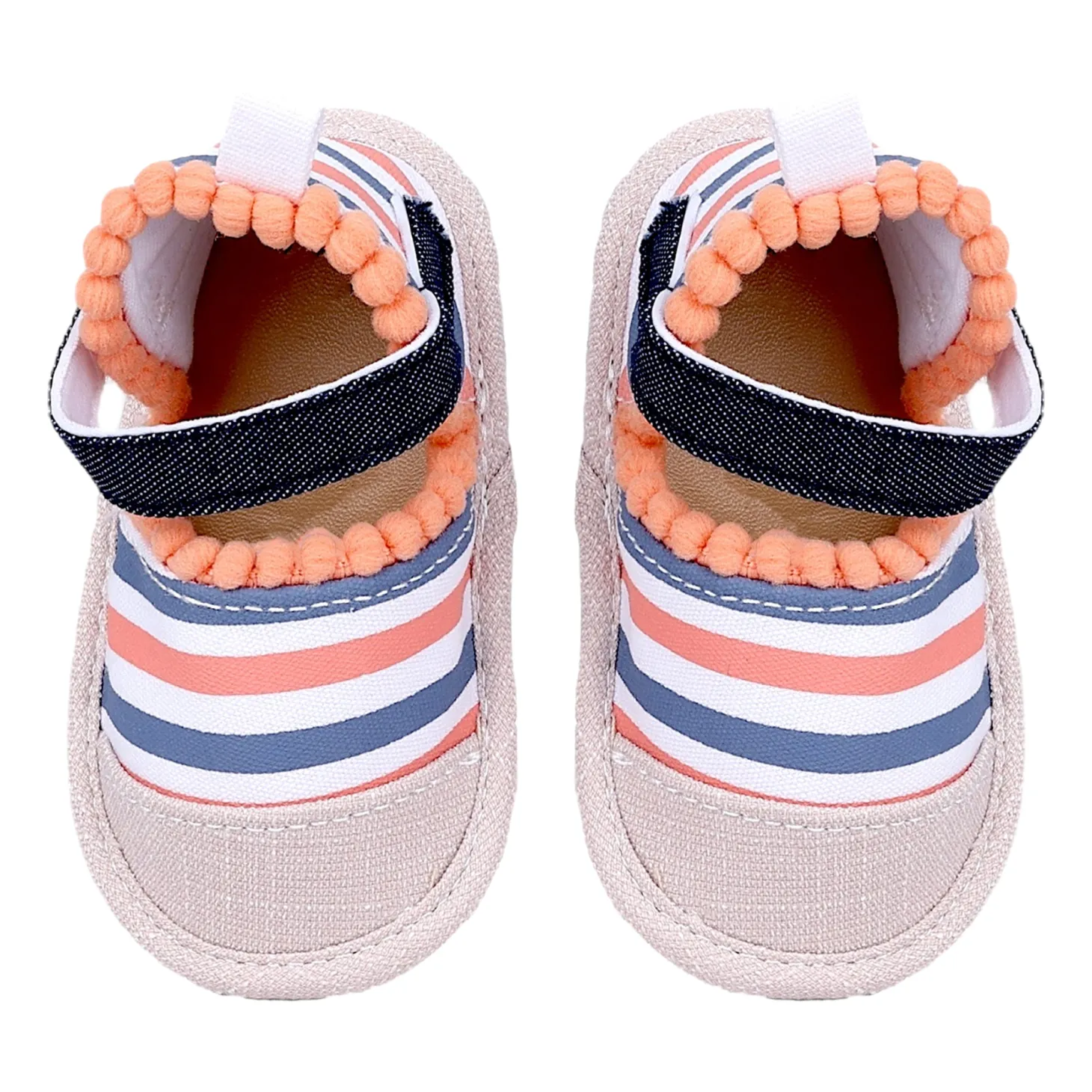Baby Moo Striped Handmade Pom Pom Trim Velcro Straps Anti-Skid Booties - Peach, White