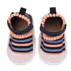 Baby Moo Striped Handmade Pom Pom Trim Velcro Straps Anti-Skid Sandals - Peach, Black
