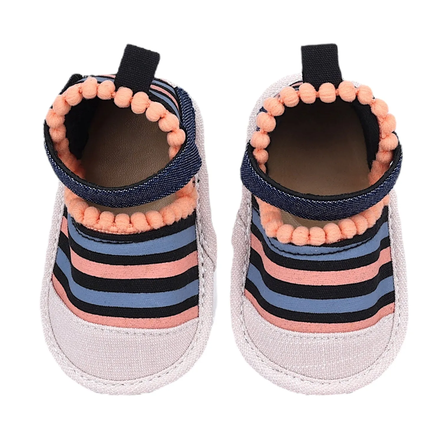 Baby Moo Striped Handmade Pom Pom Trim Velcro Straps Anti-Skid Sandals - Peach, Black