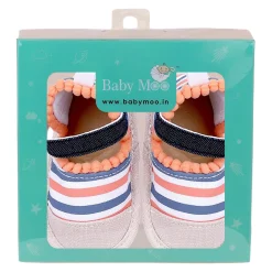 Baby Moo Striped Handmade Pom Pom Trim Velcro Straps Anti-Skid Booties - Peach, White