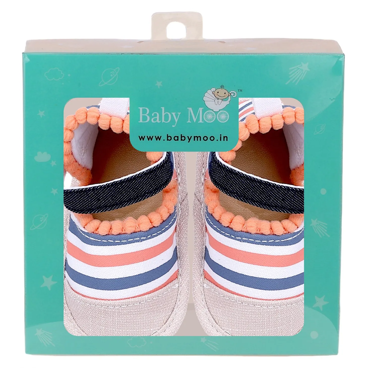 Baby Moo Striped Handmade Pom Pom Trim Velcro Straps Anti-Skid Booties - Peach, White