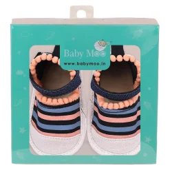 Baby Moo Striped Handmade Pom Pom Trim Velcro Straps Anti-Skid Sandals - Peach, Black