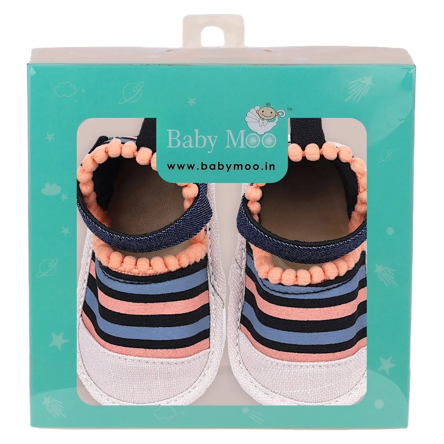 Baby Moo Striped Handmade Pom Pom Trim Velcro Straps Anti-Skid Sandals - Peach, Black