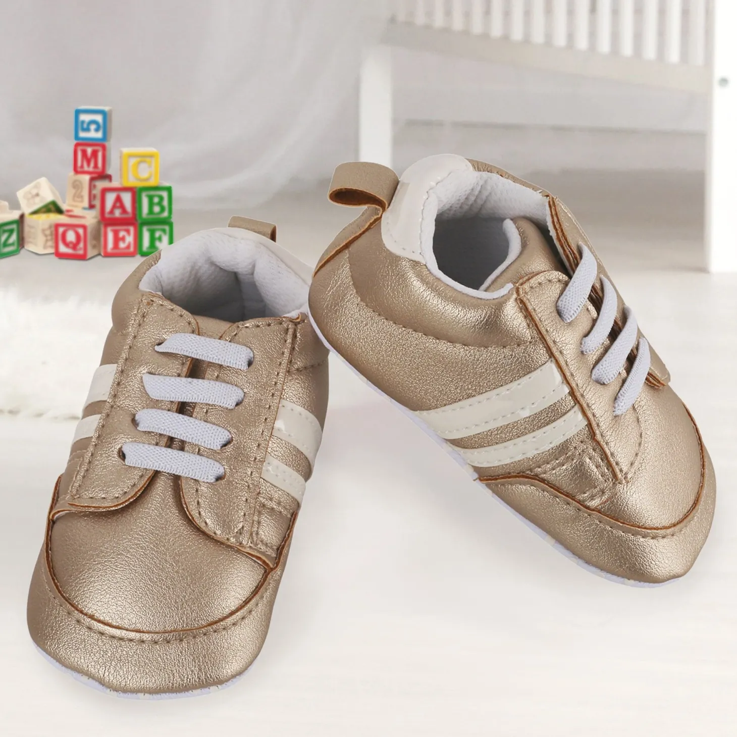 Baby Moo Striped Metallic Gold Lace Up Sneakers Booties