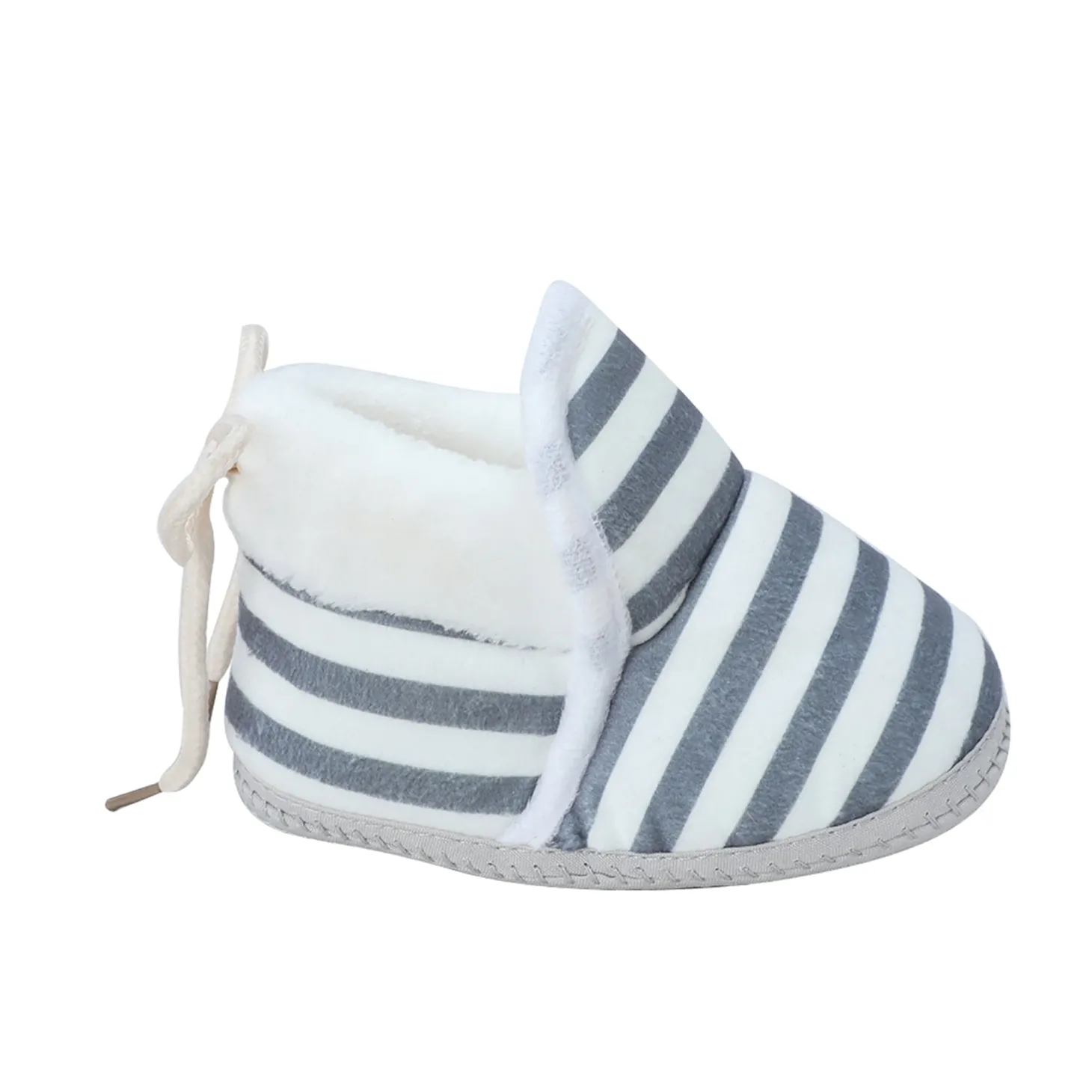 Baby Moo Striped Soft Slip-On Anti-Skid Plush Warm Booties - Grey