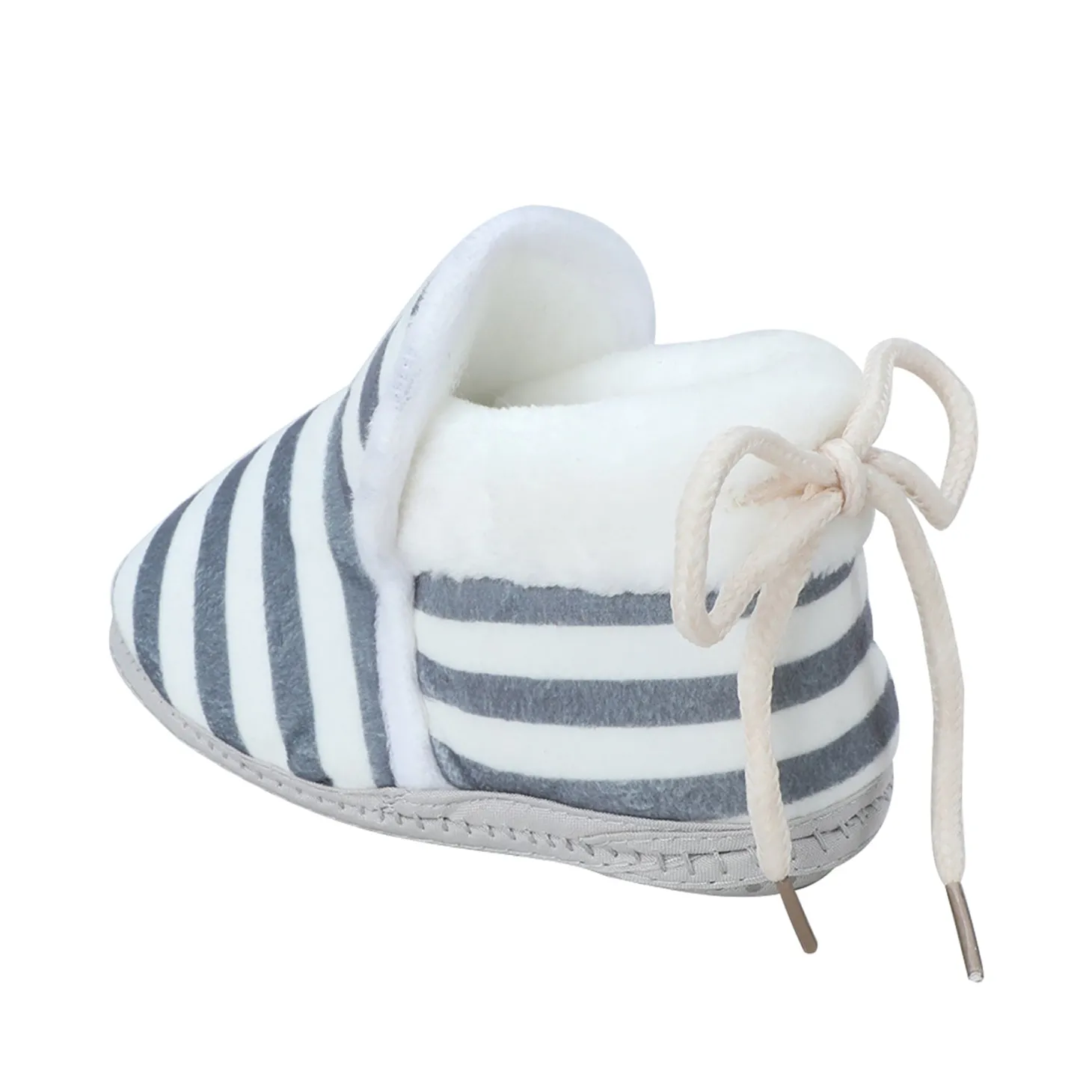Baby Moo Striped Soft Slip-On Anti-Skid Plush Warm Booties - Grey