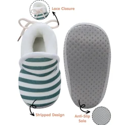 Baby Moo Striped Soft Slip-On Anti-Skid Plush Warm Booties - Green