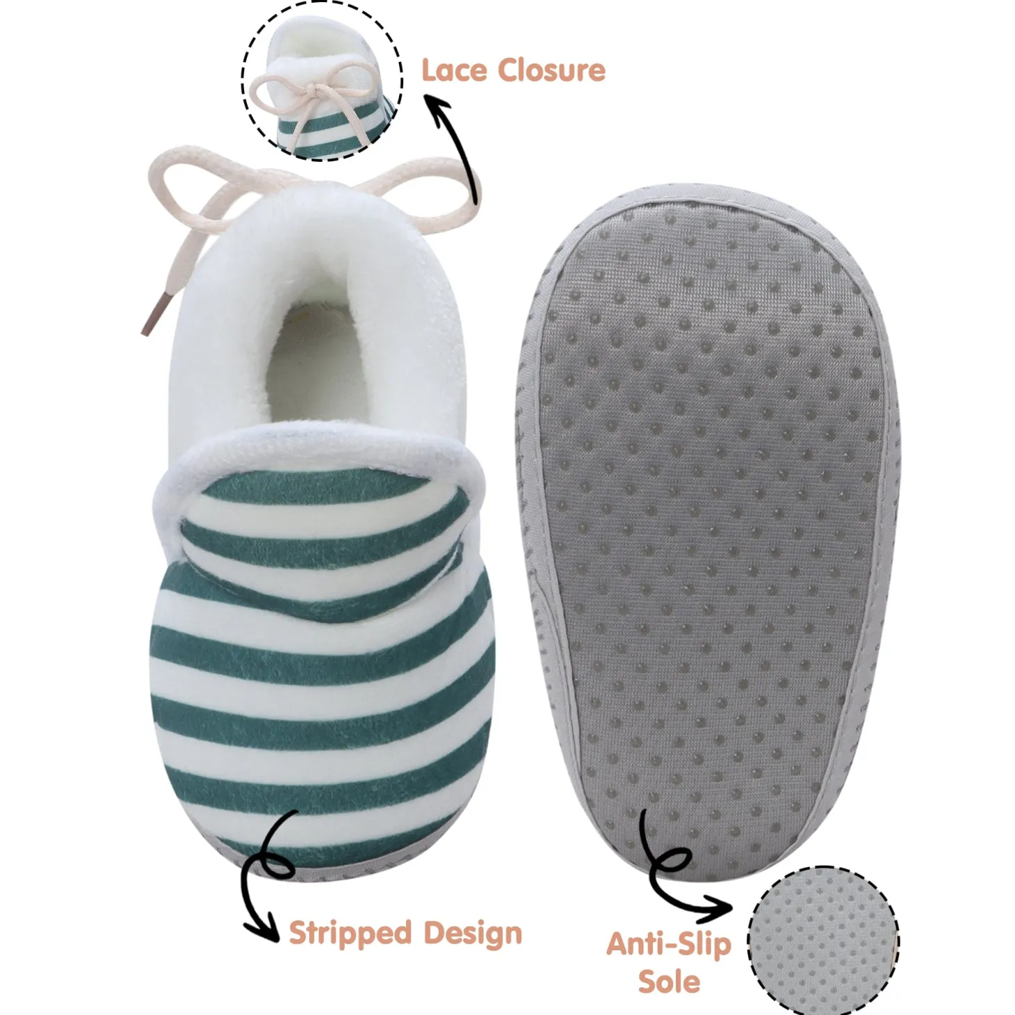 Baby Moo Striped Soft Slip-On Anti-Skid Plush Warm Booties - Green