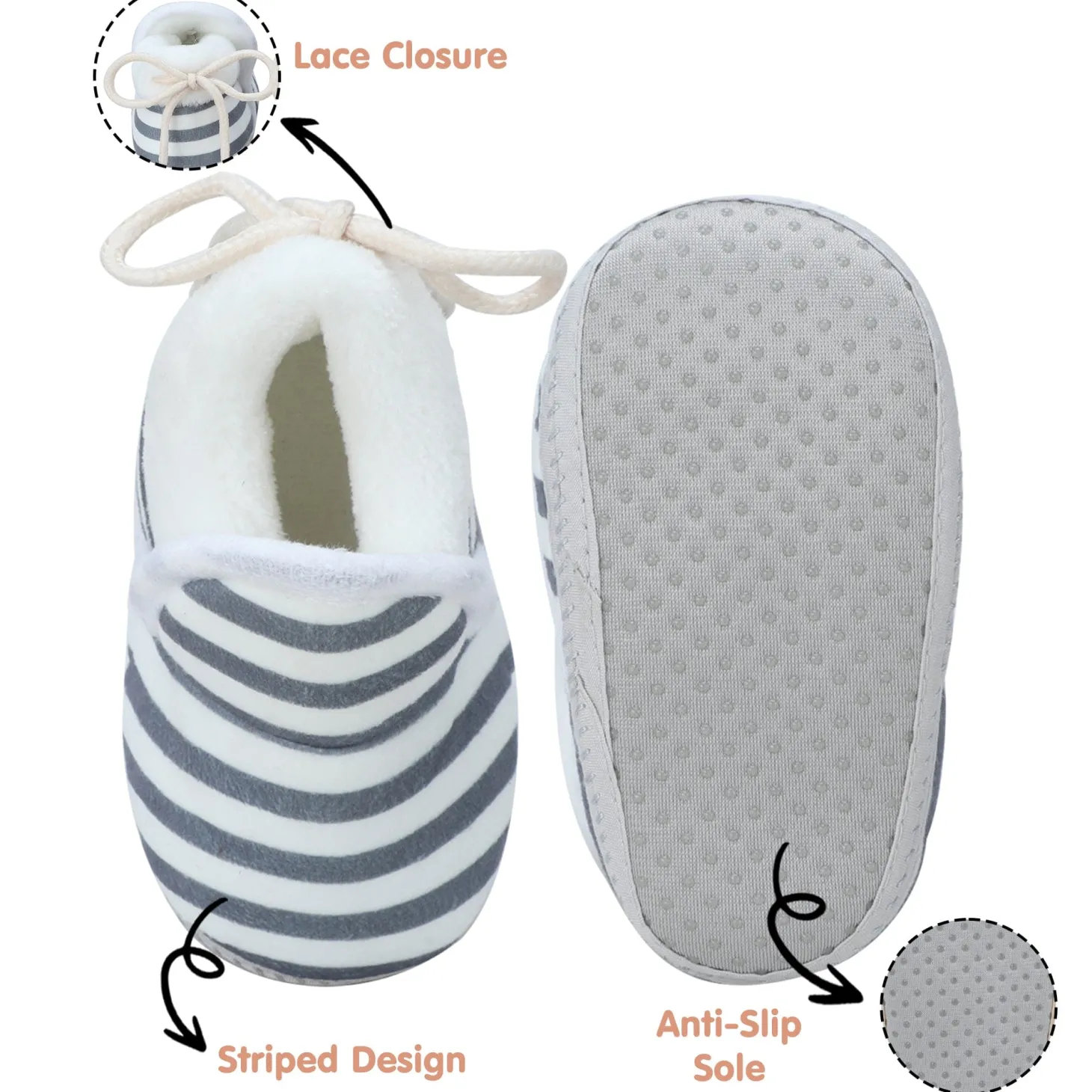 Baby Moo Striped Soft Slip-On Anti-Skid Plush Warm Booties - Grey