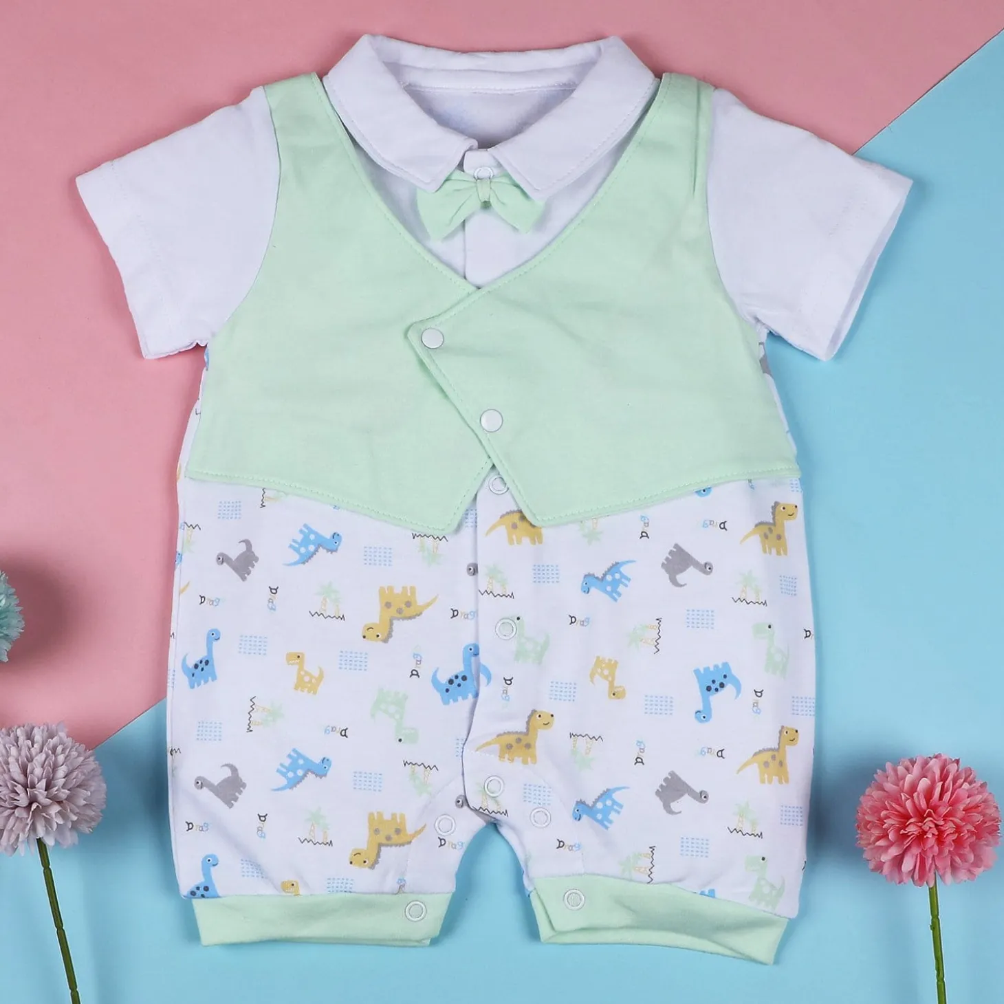 Baby Moo Stylish Dino With Elegant Bow Short Romper - Green