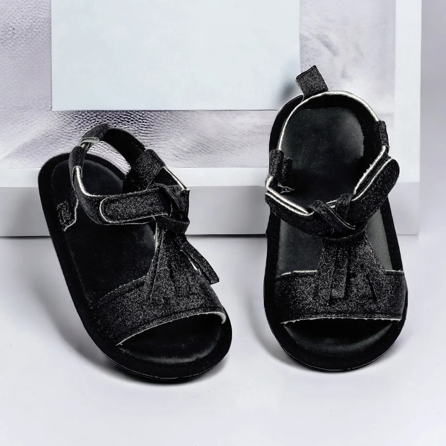 Baby Moo Stylish Tassel All Season Glitter Velcro Straps Anti-Skid Sandals - Black
