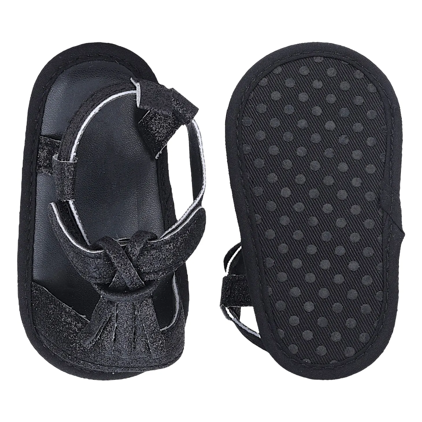 Baby Moo Stylish Tassel All Season Glitter Velcro Straps Anti-Skid Sandals - Black