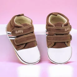 Baby Moo Stylish Velcro Strap Anti-Skid Canvas Sneakers - Brown, White