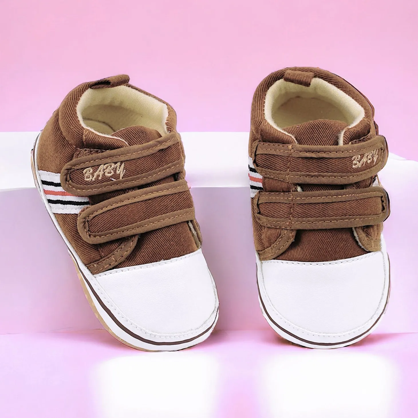Baby Moo Stylish Velcro Strap Anti-Skid Canvas Sneakers - Brown, White