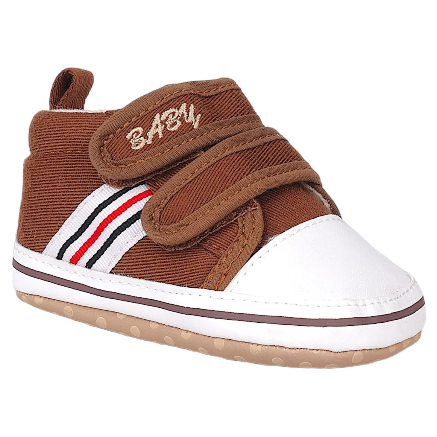 Baby Moo Stylish Velcro Strap Anti-Skid Canvas Sneakers - Brown, White