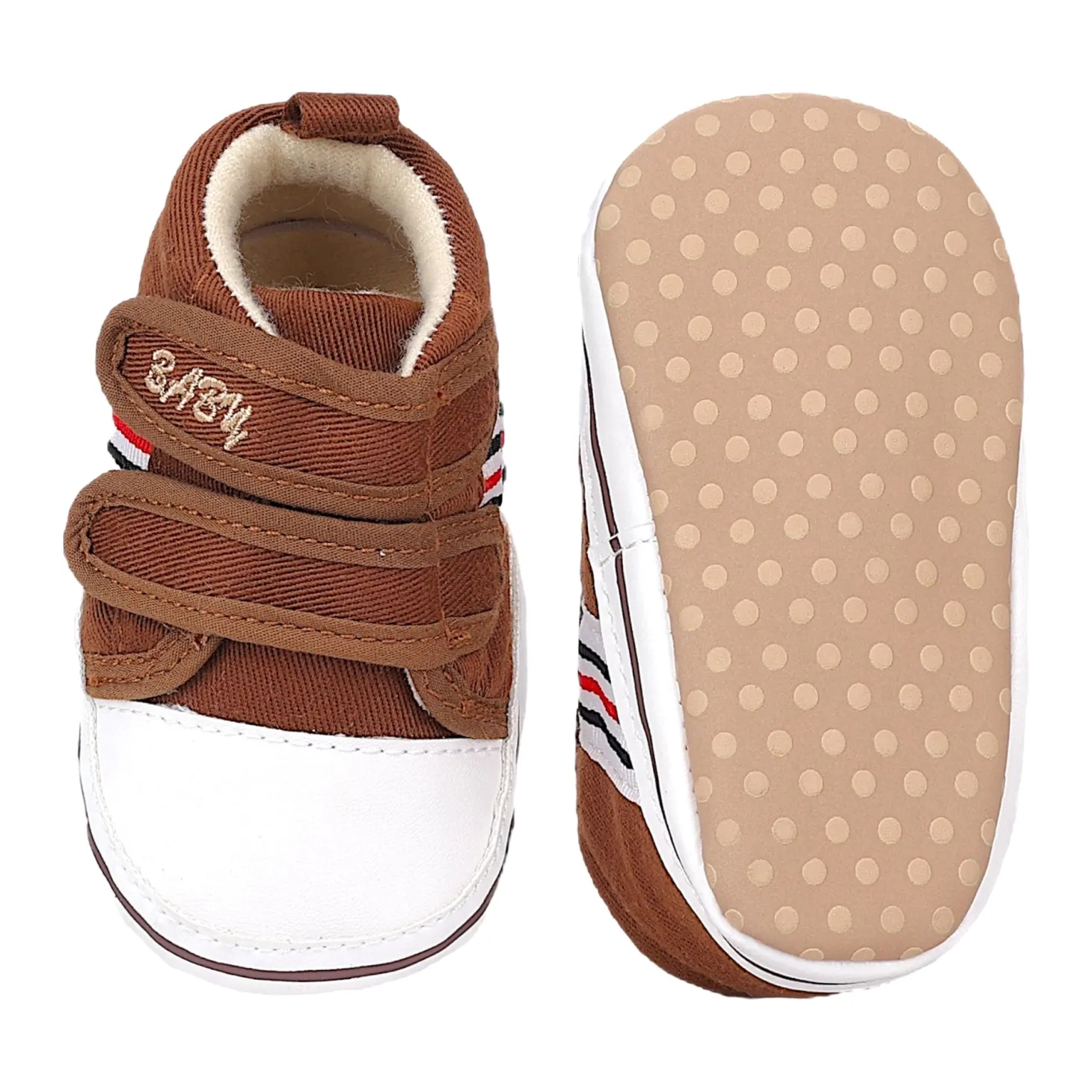 Baby Moo Stylish Velcro Strap Anti-Skid Canvas Sneakers - Brown, White