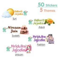 Baby Moo Sun, Aqua, Unicorn, Sweets, Fashion Personalised Name Self Adhesive Transparent Embossed Stickers, 3D Labels 50 Pcs Stationery Set for Children - Pink
