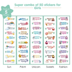 Baby Moo Sun, Aqua, Unicorn, Sweets, Fashion Personalised Name Self Adhesive Transparent Embossed Stickers, 3D Labels 50 Pcs Stationery Set for Children - Pink