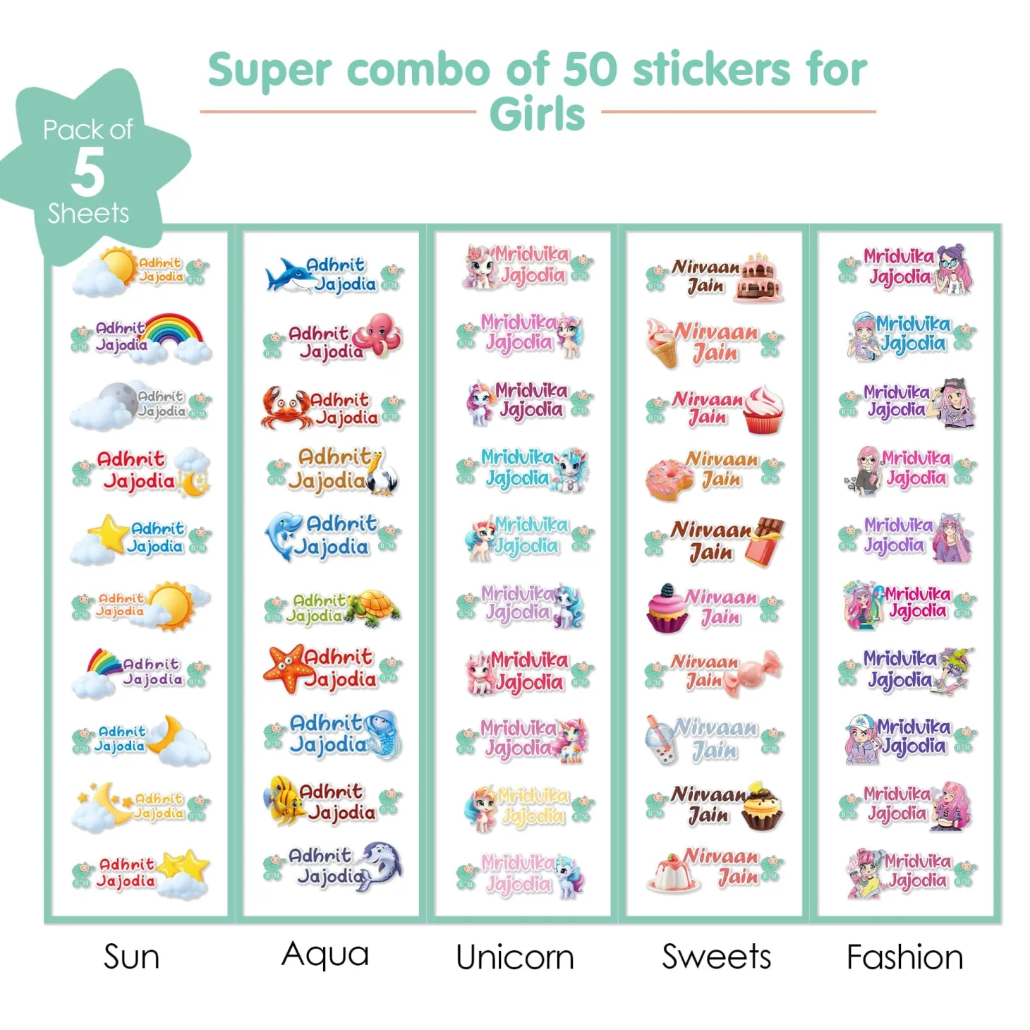 Baby Moo Sun, Aqua, Unicorn, Sweets, Fashion Personalised Name Self Adhesive Transparent Embossed Stickers, 3D Labels 50 Pcs Stationery Set for Children - Pink