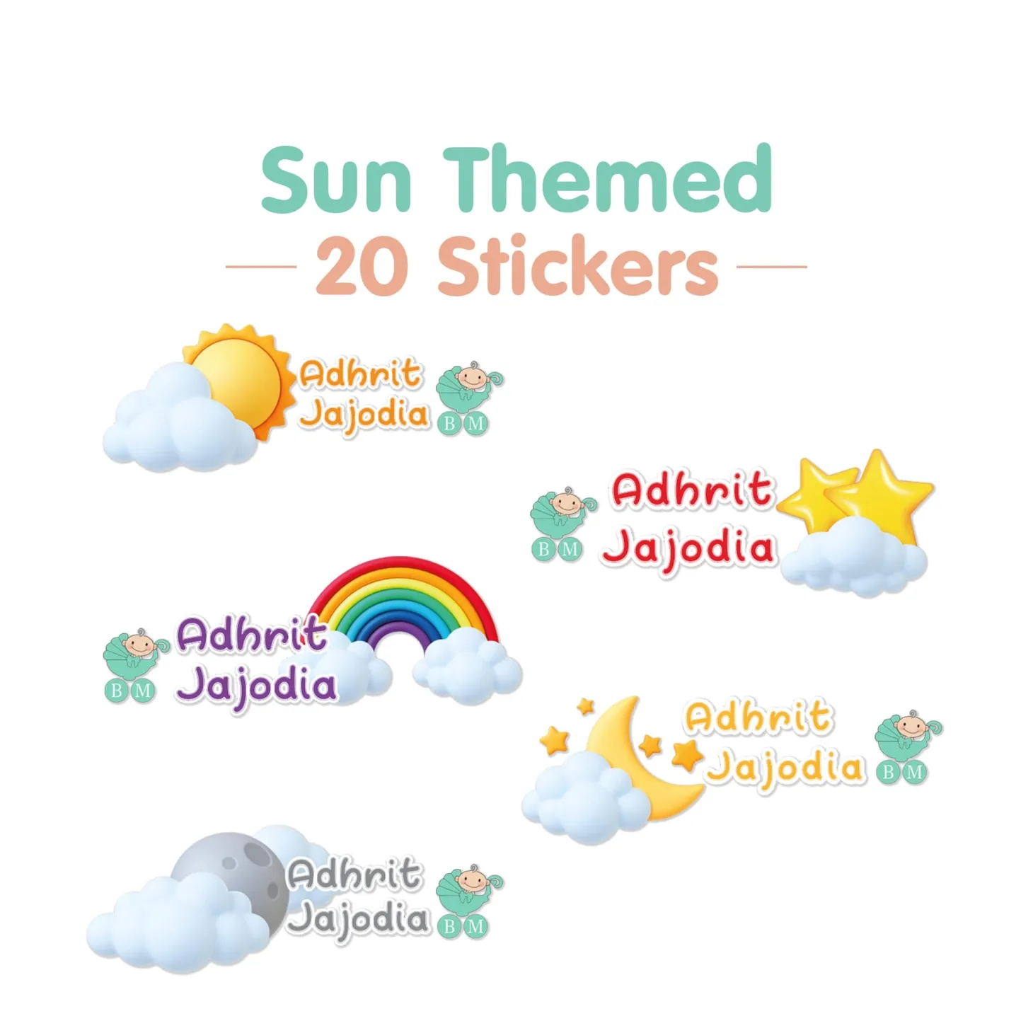Baby Moo Sun Personalised Name Self Adhesive Transparent Embossed Stickers, 3D Labels 20 Pcs Stationery Set for Children - Multicolour