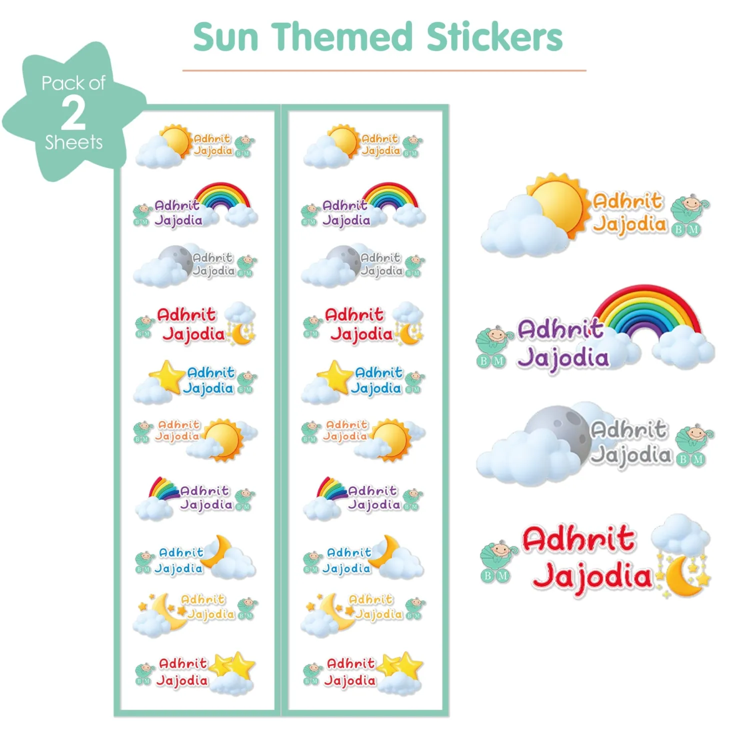 Baby Moo Sun Personalised Name Self Adhesive Transparent Embossed Stickers, 3D Labels 20 Pcs Stationery Set for Children - Multicolour