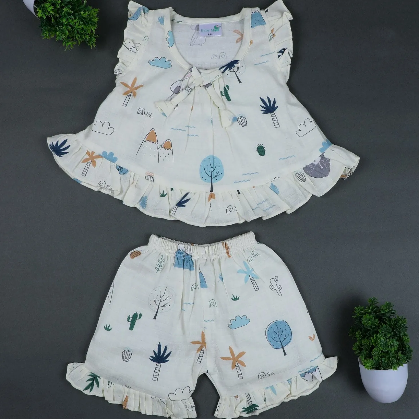 Baby Moo Sunny Desert Muslin Frilly Top And Shorts Co-ord Set - Cream