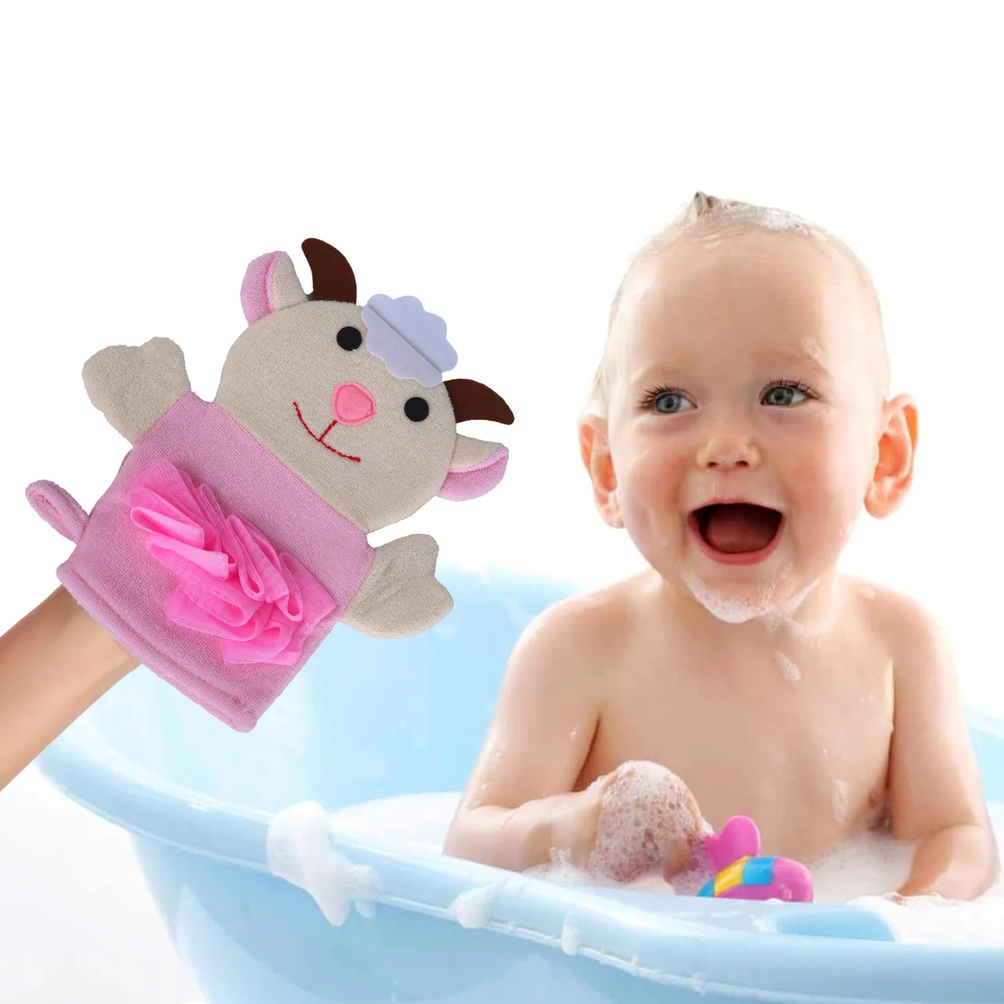 Baby Moo Sweet Cow Bath Time Fun Hand Puppet Loofah Bath Glove - Cream